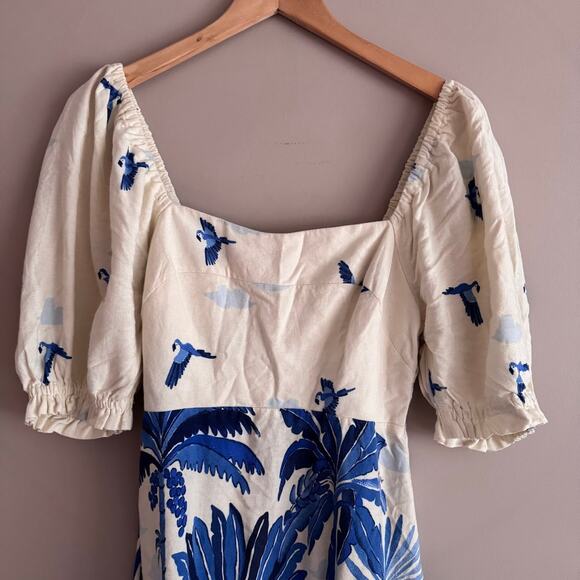 Farm Rio Brazil Blue Bird and Palm Print Puff Sleeve Linen Mini Dress Medium - Picture 2 of 10